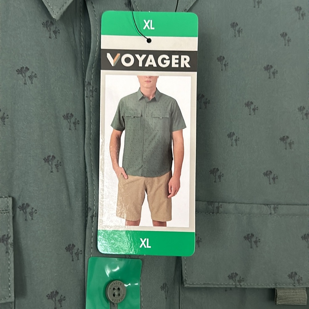 NEW XL MENS SHORT SLEEVE VOYAGER GREEN BUTTON FRONT SHIRT DBL POCKET -VELCRO